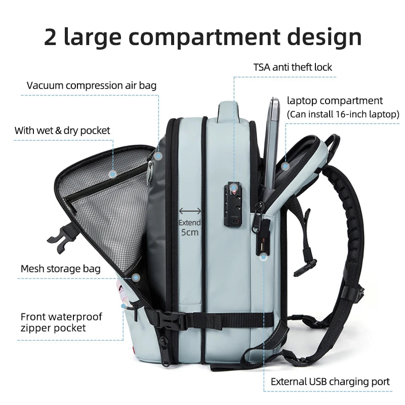 Vacuum Compression Travel Backpack 16" – Laptop & USB Charging