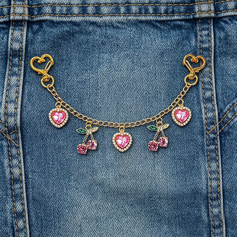 Cherry & Heart Bag Charm – Glass Stone Chain Jewelry Pendant