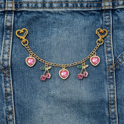 Cherry & Heart Bag Charm – Glass Stone Chain Jewelry Pendant