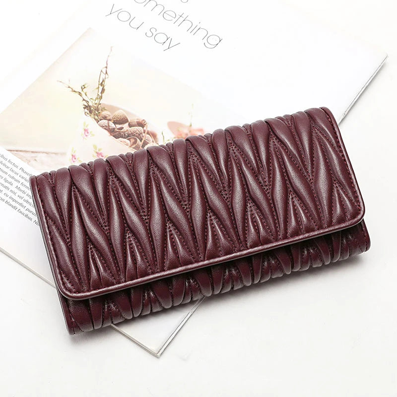Genuine Sheepskin Leather Long Wallet for Women – Pleated Clutch Purse
