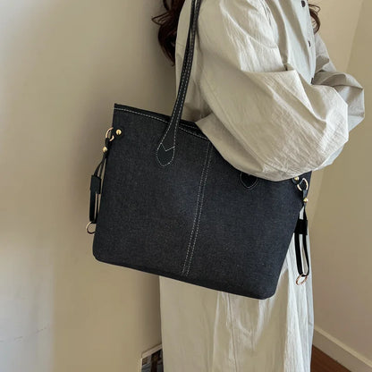 Large Capacity Denim Tote Bag for Women – Commuter Shoulder Bag