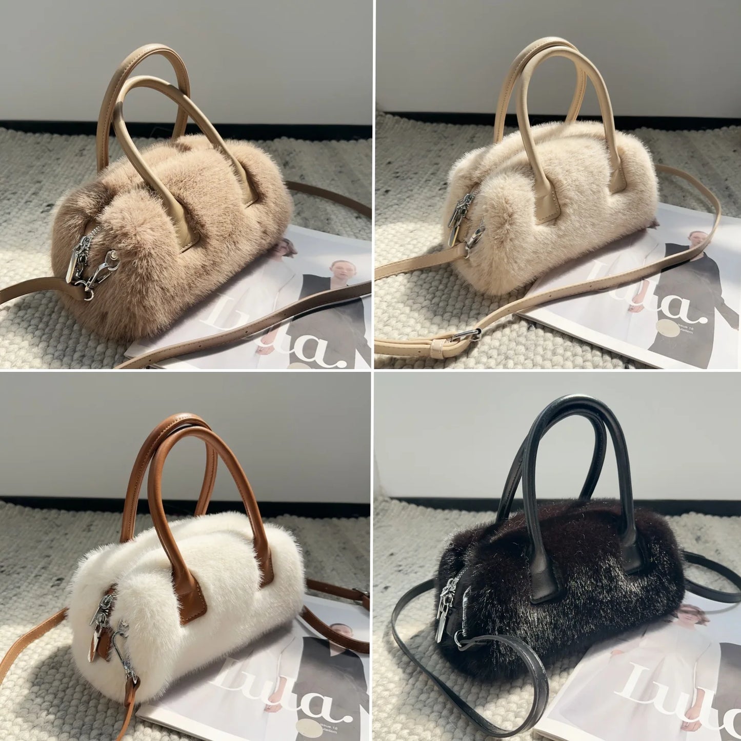 Winter Plush Fluffy Handbags Soft Faux Fur Pink White Tote Shoulder Bag Women Wedding Party Bolsas