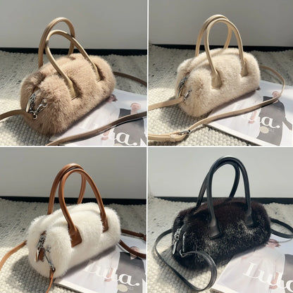 Winter Plush Fluffy Handbags Soft Faux Fur Pink White Tote Shoulder Bag Women Wedding Party Bolsas