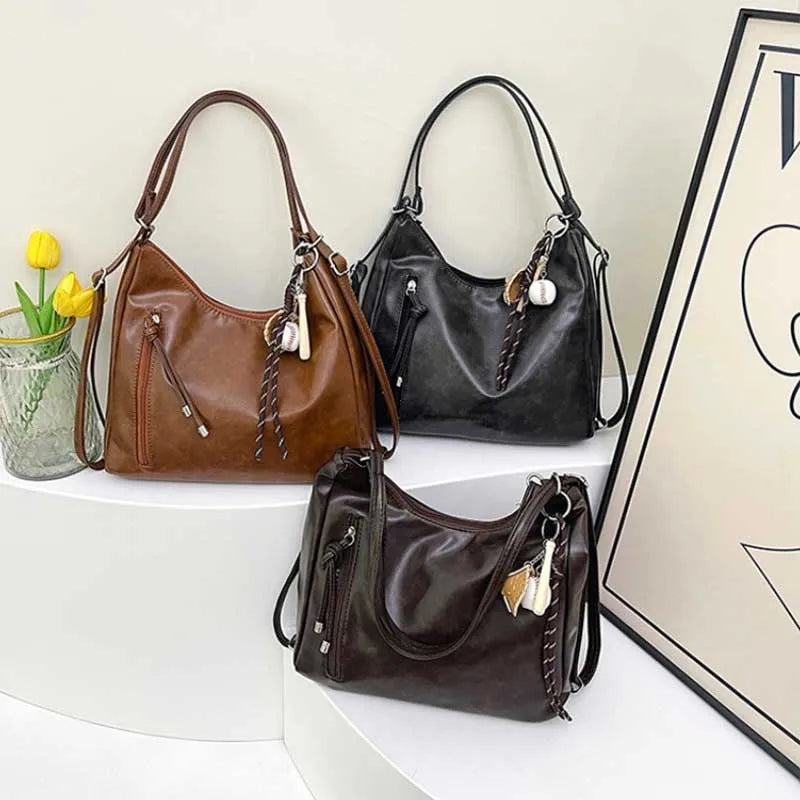 Women's Leather Shoulder Bag – Crossbody Tote with Pendant