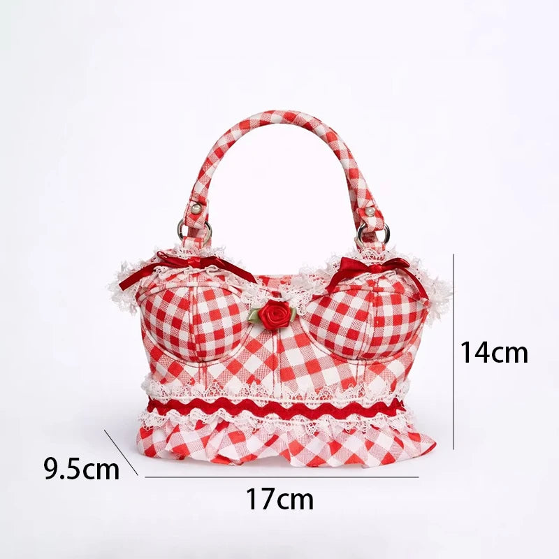Novelty Bust-Shape Handbag – Plaid Lace Rose Shoulder Bag for Women