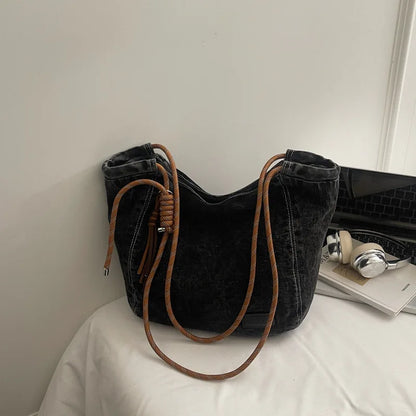 Crossbody Bag Women Vintage Washed Denim Shoulder Large Capacity Comfortable Versatile Texture Bags