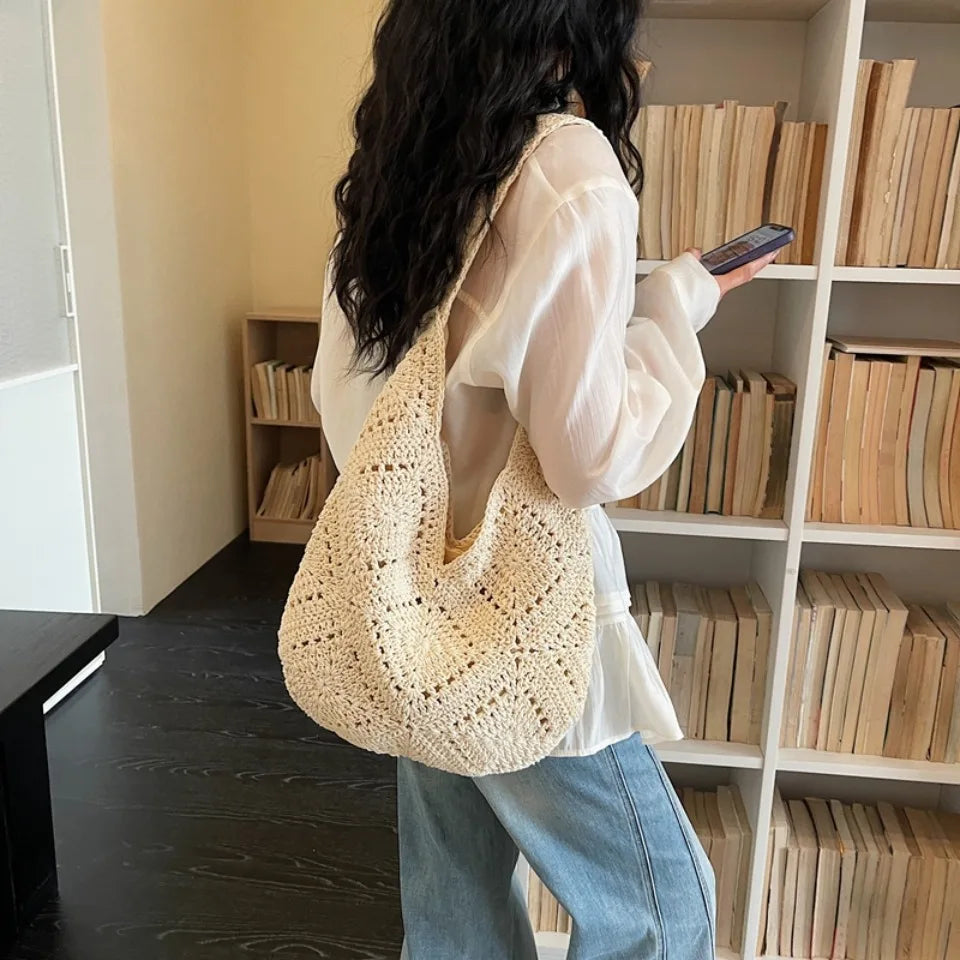 Crochet Hobo Shoulder Bag – Large Hollow-Out Woven Beach Bag