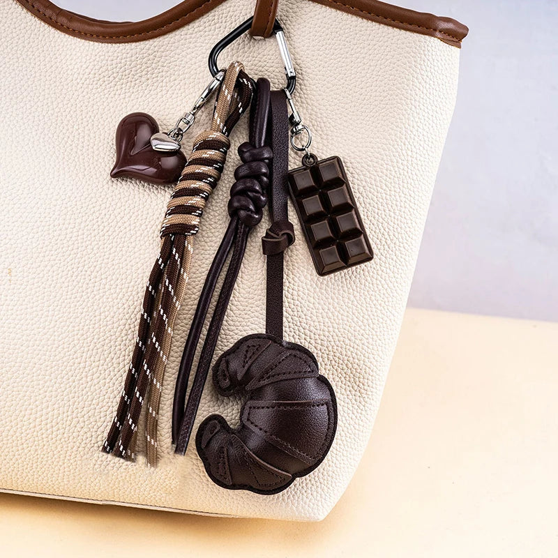 Leather Croissant Keychain with Braided Rope & Charms