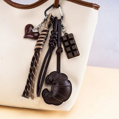 Leather Croissant Keychain with Braided Rope & Charms