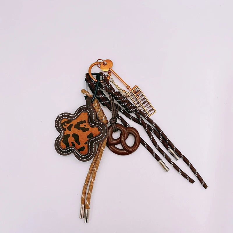 Leopard Print Flower Keychain Bag Charm with Pearl & Braided Rope