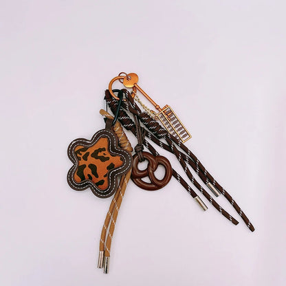 Leopard Print Flower Keychain Bag Charm with Pearl & Braided Rope