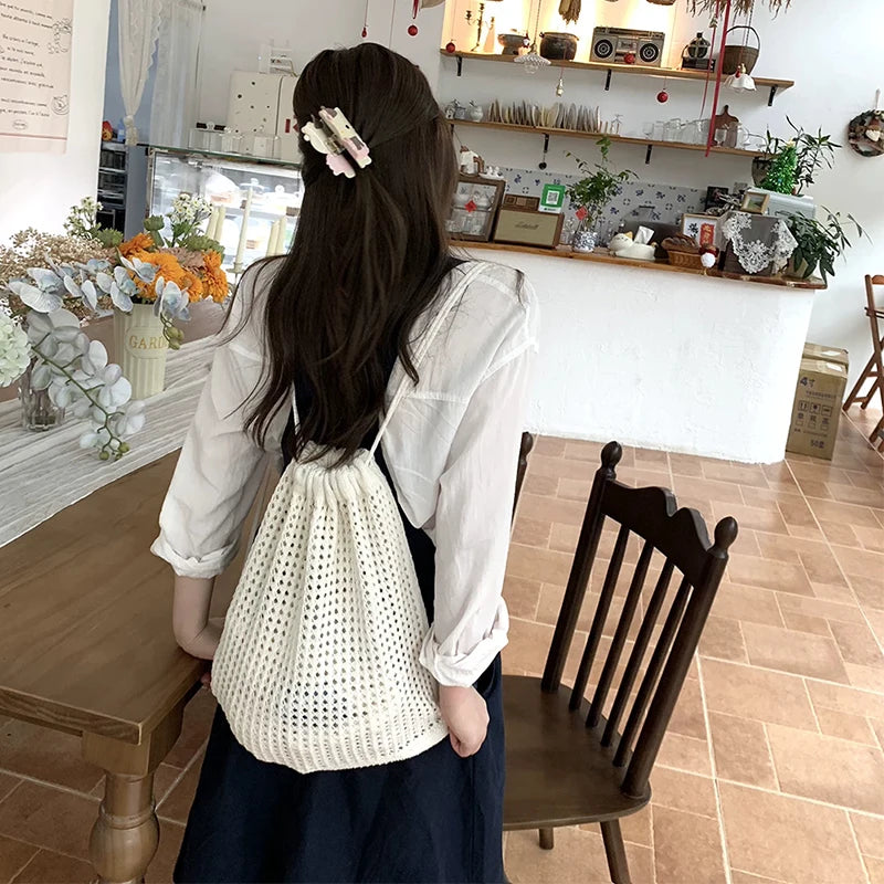 Bohemian Crochet Drawstring Backpack – Large Capacity Woven Bag