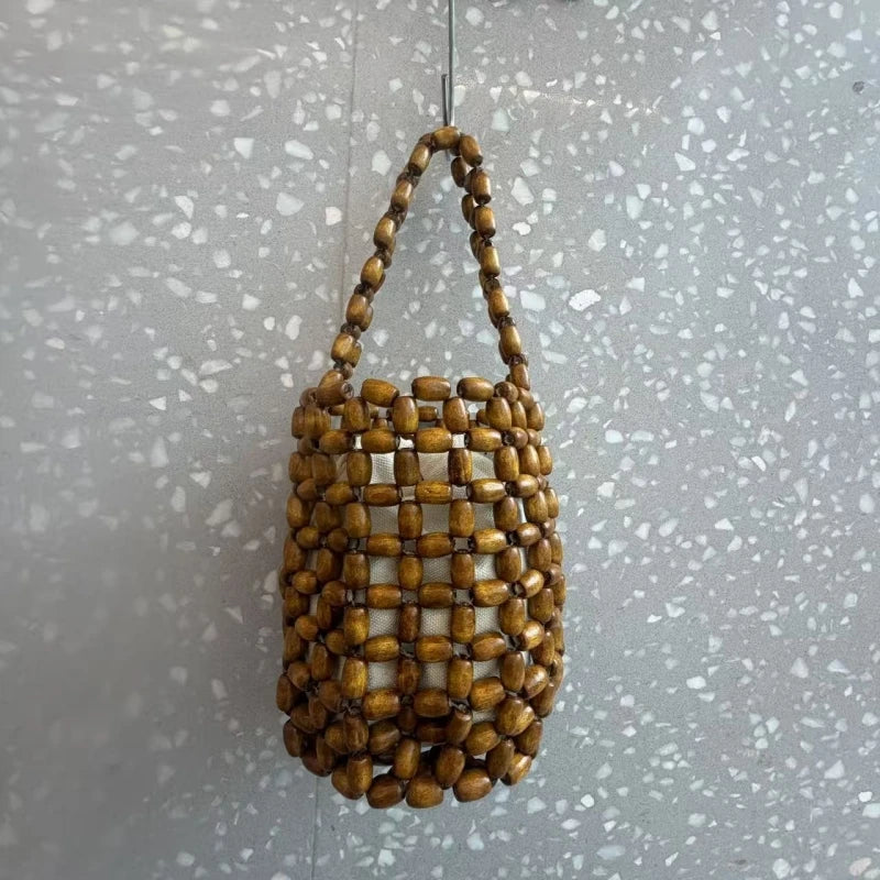 Handmade Wooden Bead Woven Bucket Bag – Mini Hollow Handbag for Women