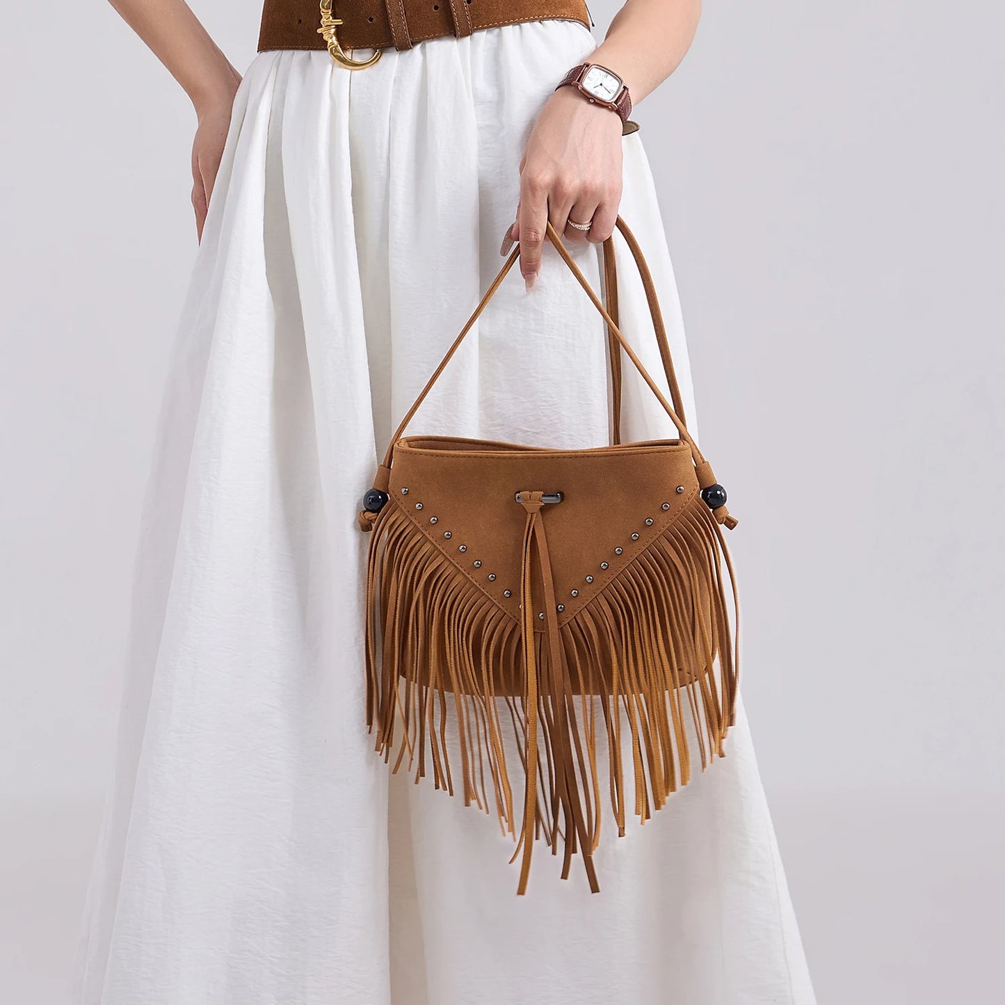 Boho Tassel Crossbody Bag for Women – Studded Fringe Shoulder Bag