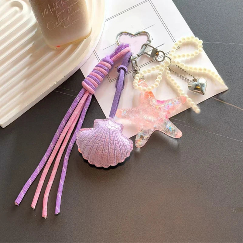 Ocean Shell & Starfish Keychain – Pearl Beaded Bag Charm with Tassel