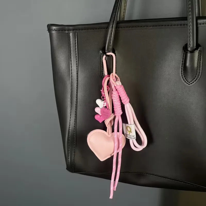 Heart Leather Keychain Bag Charm with Braided Rope & Heart Beads
