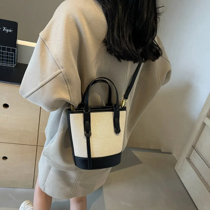 Versatile Pu Canvas Bucket Shoulder Crossbody Bags Simple Casual Sense Luxury Retro Handbags Women