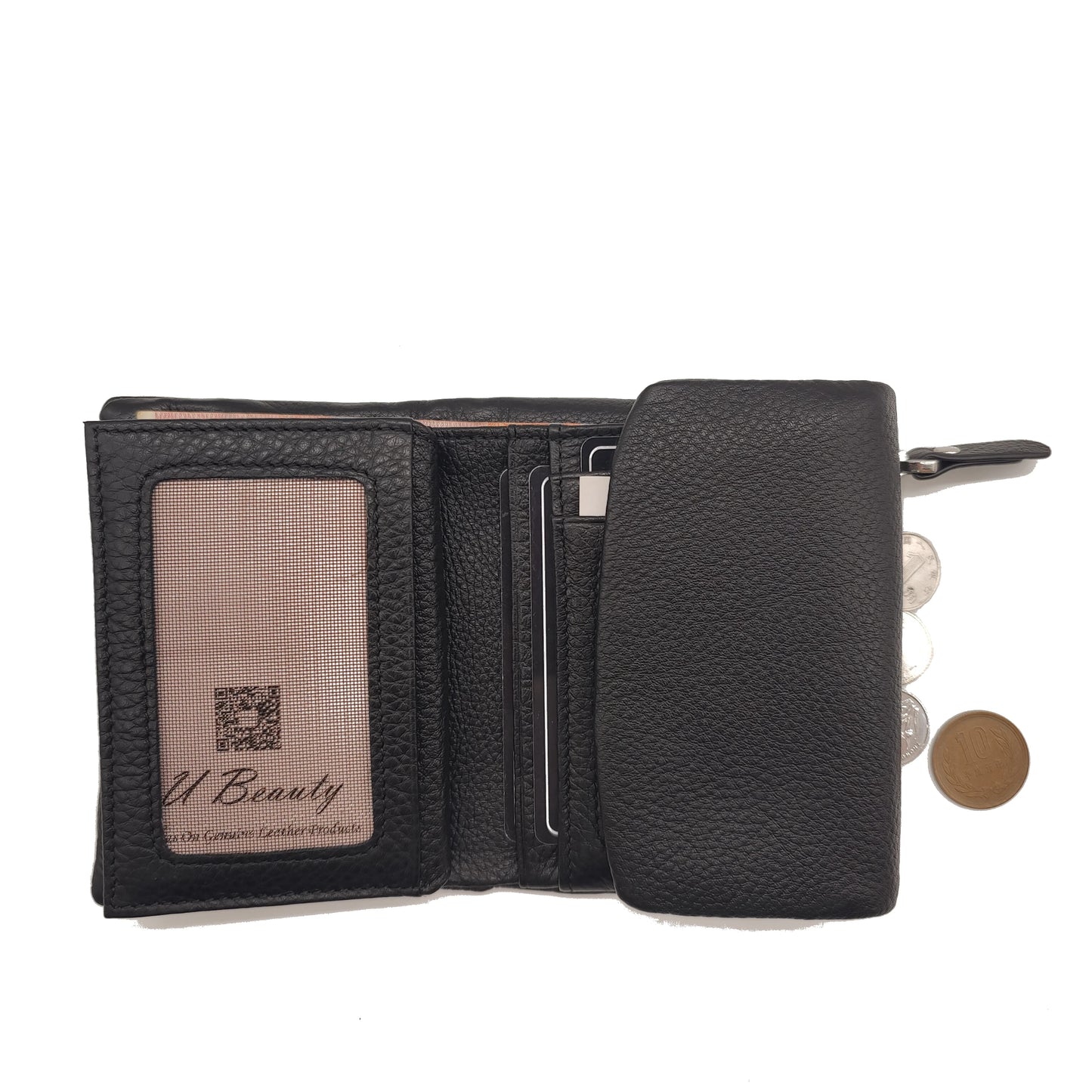 Genuine Leather Tri-Fold Wallet for Women with Hasp Closure