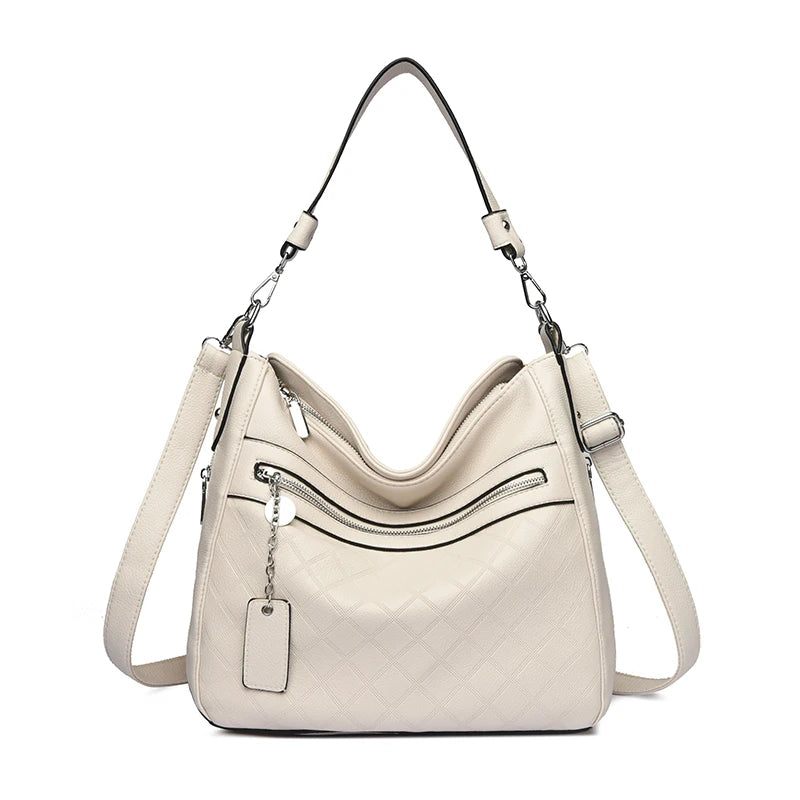Large Leather Hobo Handbag with Quilted Detail & Shoulder Strap
