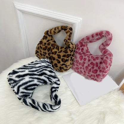 Fluffy Leopard Print Plush Bag – Women's Mini Shoulder Underarm Tote