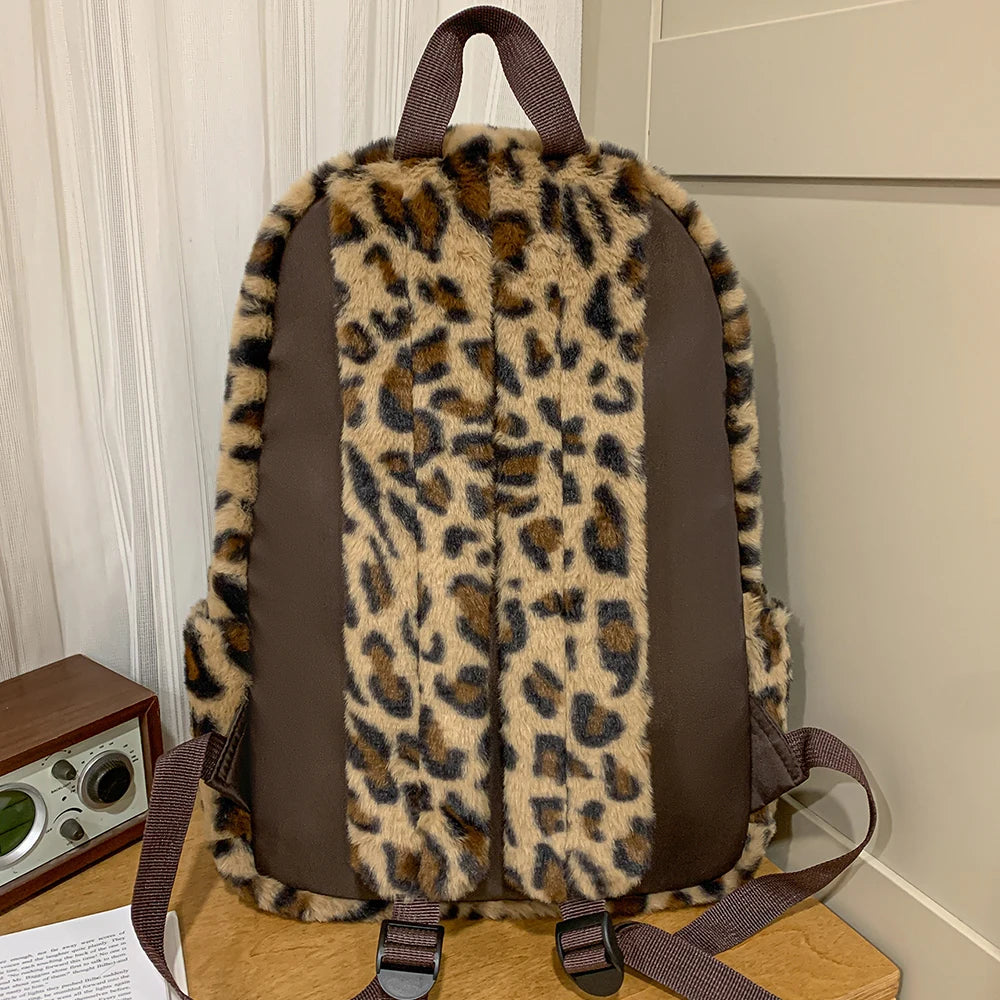 Leopard Print Plush Patchwork Backpack – Japanese Style Daypack