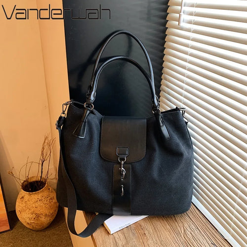 Canvas & PU Leather Tote Bag – Large Capacity Work & Travel Handbag