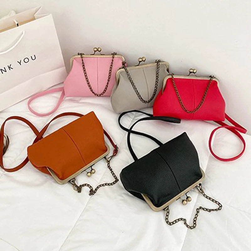Vintage Kiss-Lock Chain Crossbody Bag for Women – Lychee Leather