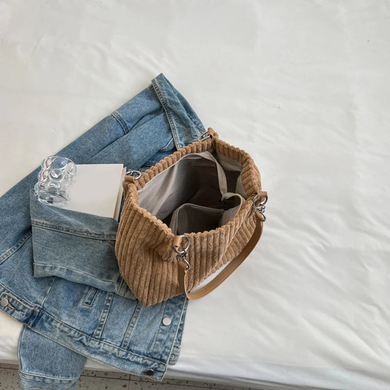 Corduroy Shoulder Tote Bag for Women – Large Cotton Handbag