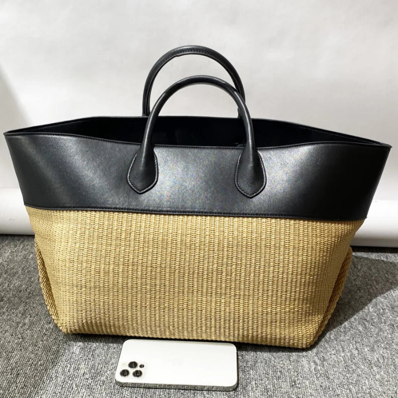 Straw & Leather Contrast Tote Bag – Large Beach Bag for Women