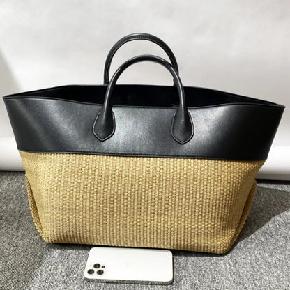 Straw & Leather Contrast Tote Bag – Large Beach Bag for Women
