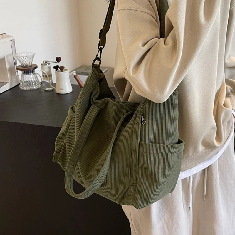 Corduroy Tote Bag for Women – Multi-Pocket Crossbody Shoulder Bag