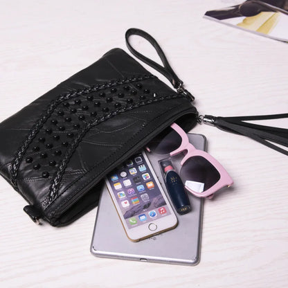 Tassel Leather Crossbody Bag – Women's Studded Clutch Purse