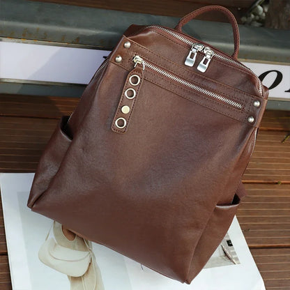 Genuine Cowhide Leather Backpack for Women – Large Capacity Retro Design
