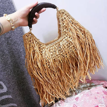Tassel Fringe Straw Shoulder Bag – Large Boho Beach Handbag