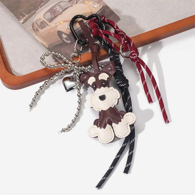 Schnauzer Dog Keychain – Handmade Rope Bag Charm with Bow Pendant