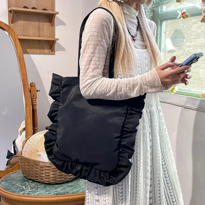 Ruffled Nylon Tote Bag for Women Large Capacity Shoulder Bag