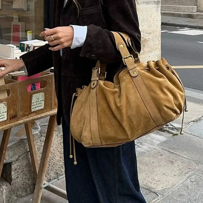 Large Capacity Leather Boston Bag – Women's Luxury Soft Crumpled Shoulder & Crossbody Handbag