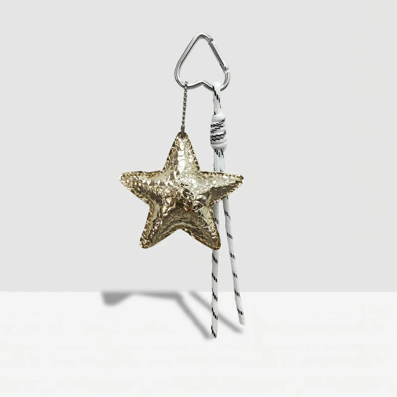 Leather Star Bag Charm Keychain with Braided Rope