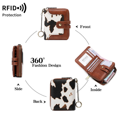 RFID Retro Animal Print Short Wallet for Women – Zipper Coin Purse with Key Chain