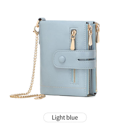 Women's Double Zipper Short Wallet with Detachable Chain