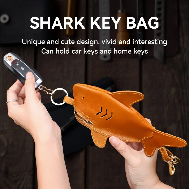 Leather Shark Key Pouch – Novelty Zip Coin Purse with Keychain