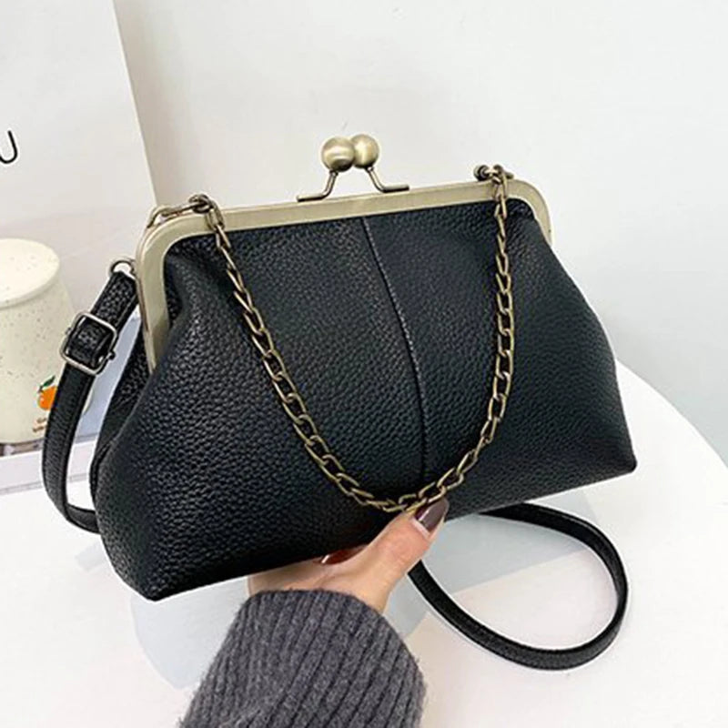 Vintage Kiss-Lock Chain Crossbody Bag for Women – Lychee Leather