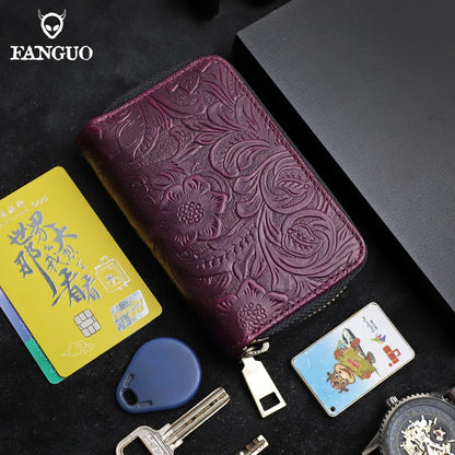 Genuine Leather Key Wallet – Floral Embossed Zipper Pouch with Card & Coin Slots