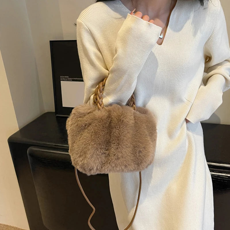 Women's Fluffy Plush Handbag – Soft Cloud Drawstring Shoulder Bag