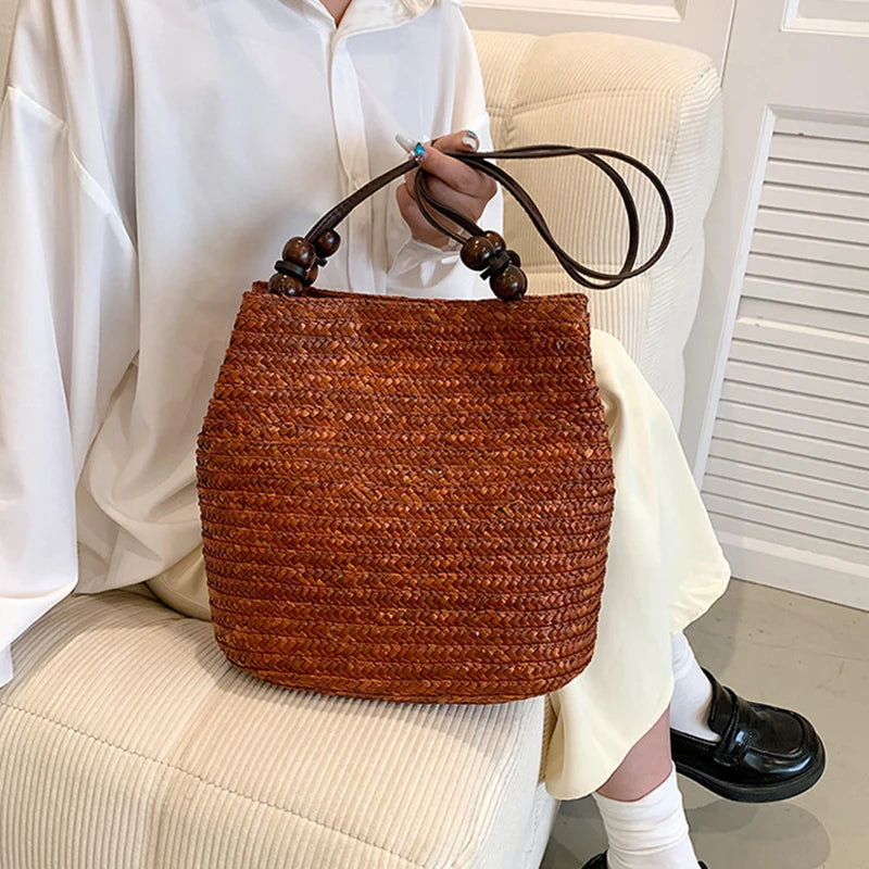 Straw Woven Shoulder Bag for Women – Handmade Boho Tote