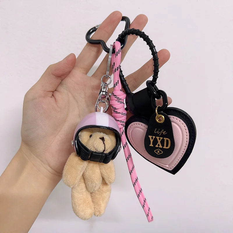 Helmet Bear Keychain Bag Charm with Heart Leather Tag