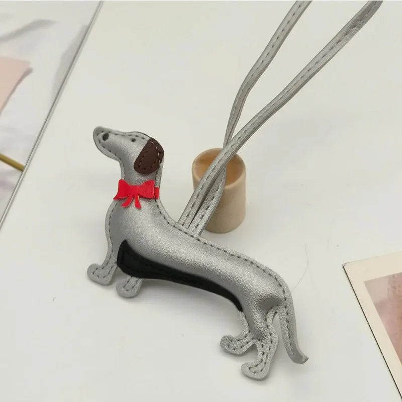 Dachshund Leather Bag Charm with Red Bow Tie – Cute Pet Lover Keychain