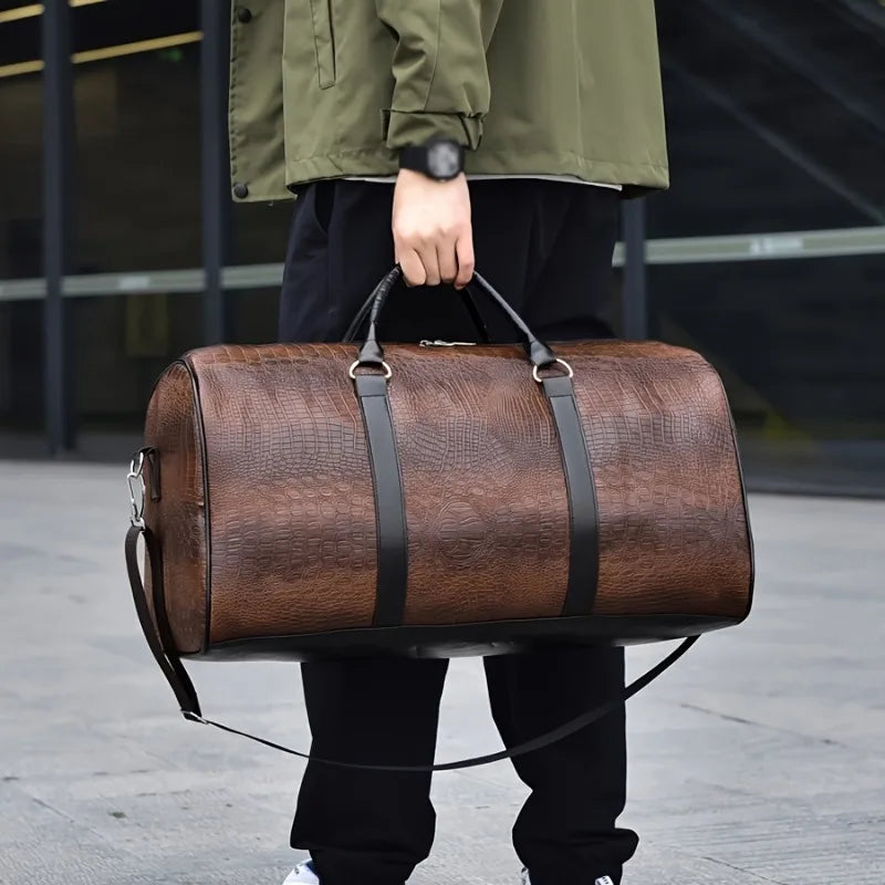 Crocodile-Textured Leather Duffle Bag – Large Capacity Travel & Gym Bag
