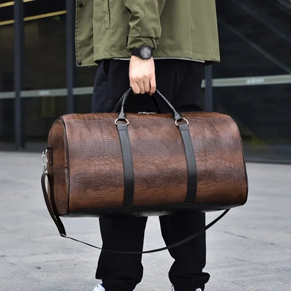Crocodile-Textured Leather Duffle Bag – Large Capacity Travel & Gym Bag