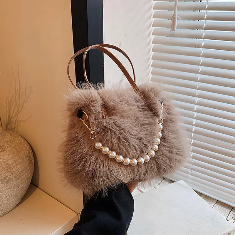 Faux Fur Shoulder Bag with Pearl Chain Handle